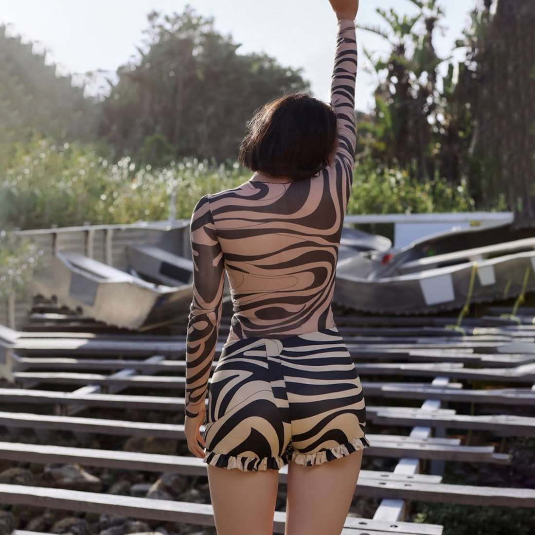 Animal Print Long Sleeve Top & Ruffled Shorts image 2