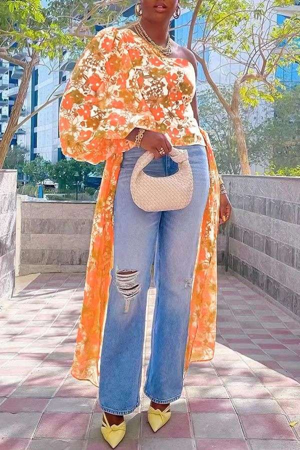 One Shoulder Drapped Side Top - M, Multi Orange image