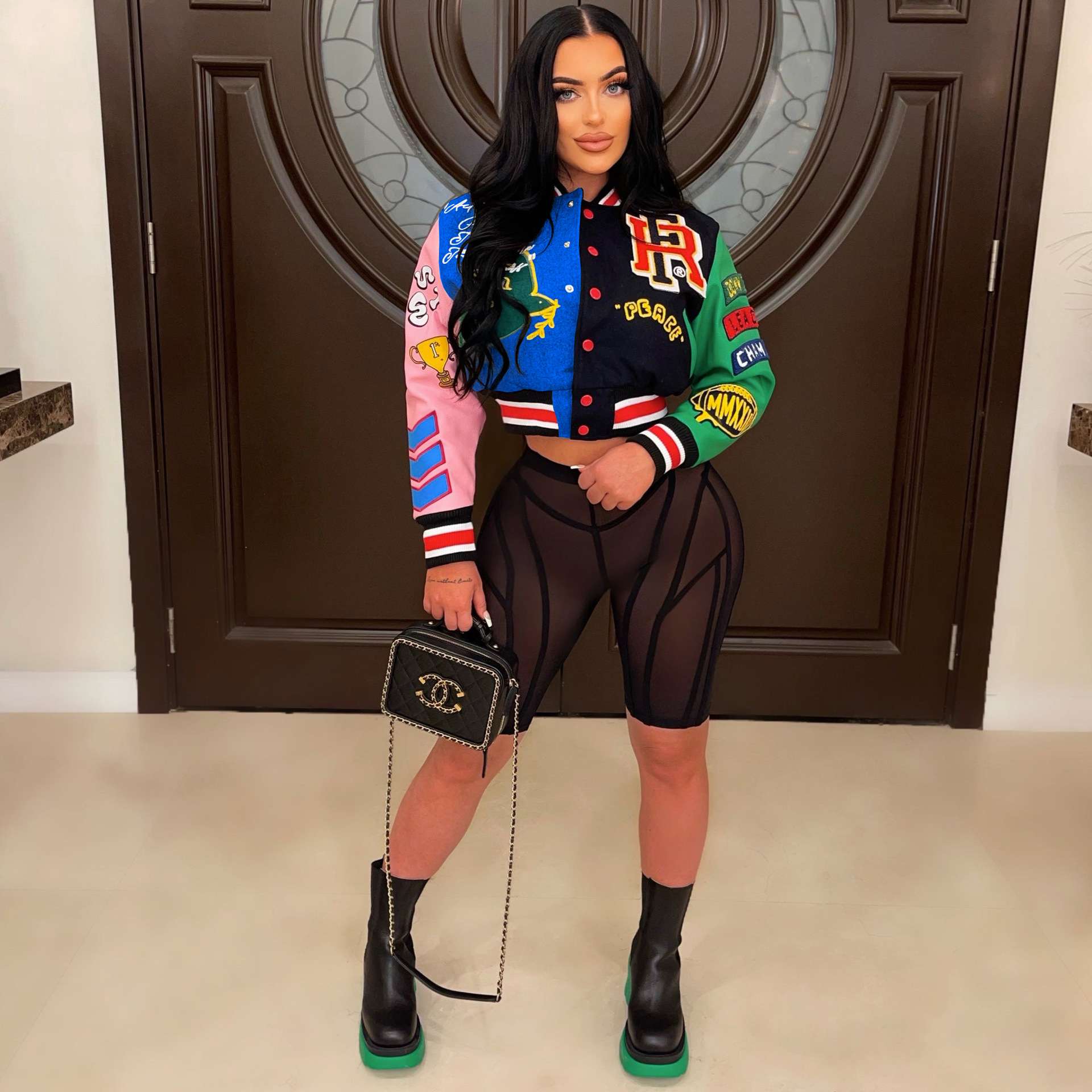 Button Up Printed Crop Bomber Jacket - L, Multi Blue image