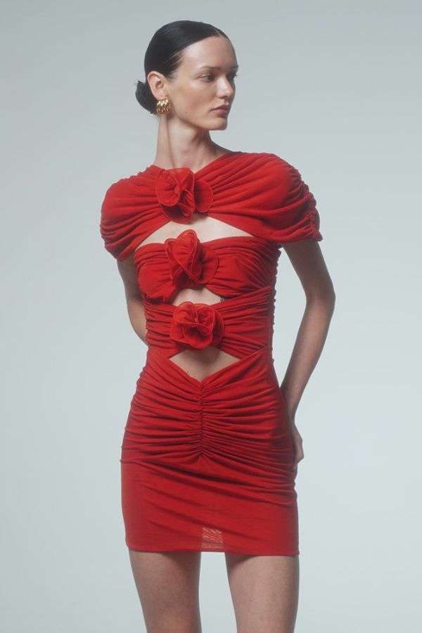 Ruched Cut-Out Dress with Floral Accents image 0