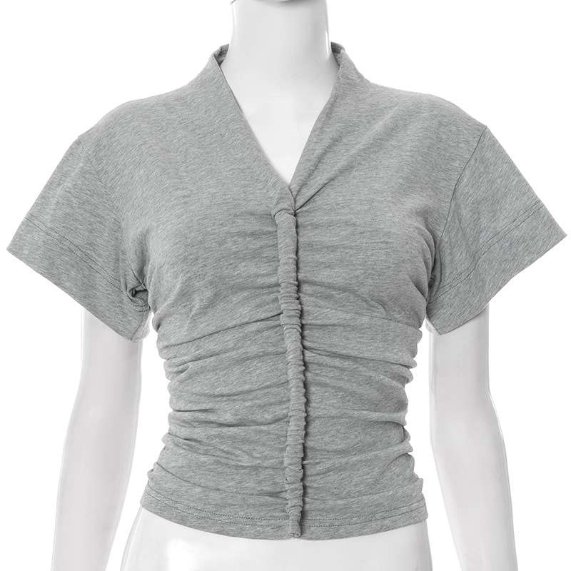 Casual Ruched Front Short Sleeve Top - M, Grey image