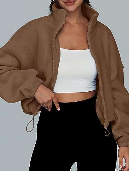 Stand Collar Oversized Zip-Up Sweatshirts - S, Copper Tan Brown image