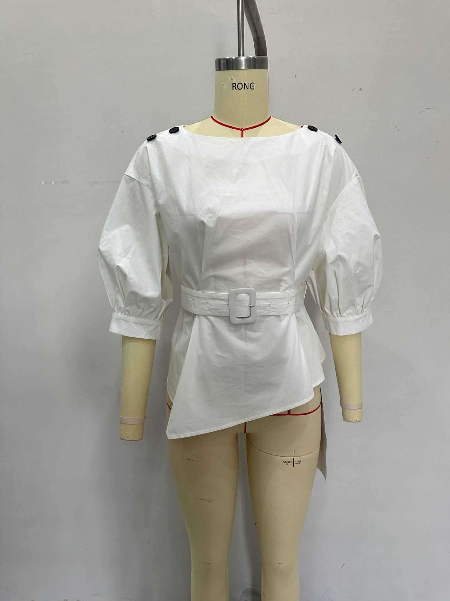 Asymmetrical Belted Blouse with Puff Sleeves image 2