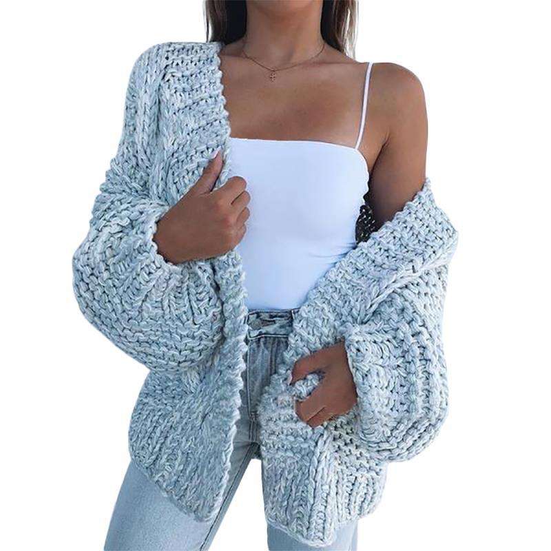 Knit Cardigan Cable Sweater Loose Front - M, Sky Blue image