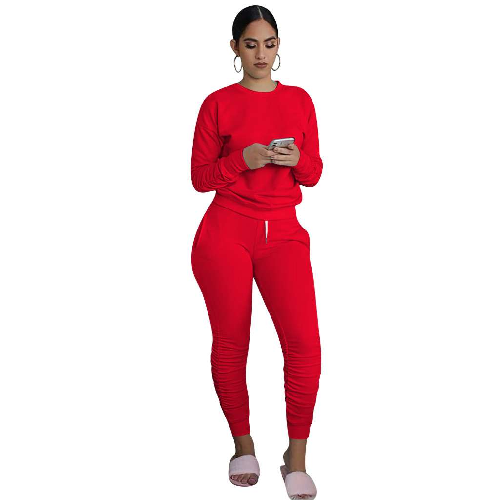 Sweatsuit Solid Color Pullover Fitness Outfits - S, Red image