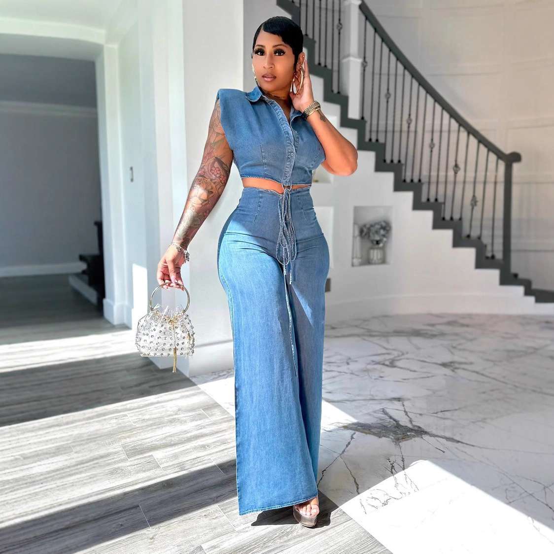 Cropped Top with Wide-Leg Pants Set image 1