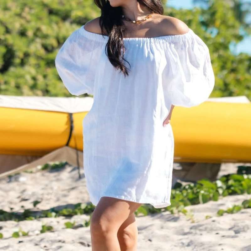 White Off-Shoulder Puff Sleeve Beach Dress image 1