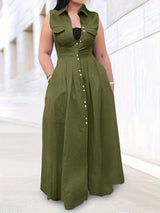 Button-Front Shirt Dress with Pockets - S, Green image