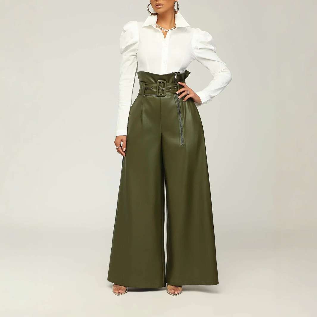 High Waist Wide Leg Pants PU Trousers - M, Dark Olive Green image