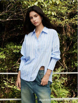 Oversized Striped Button-Down Shirt - L, Blue image