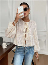 Elegant Crochet Tie-Front Blouse - M, Beige image