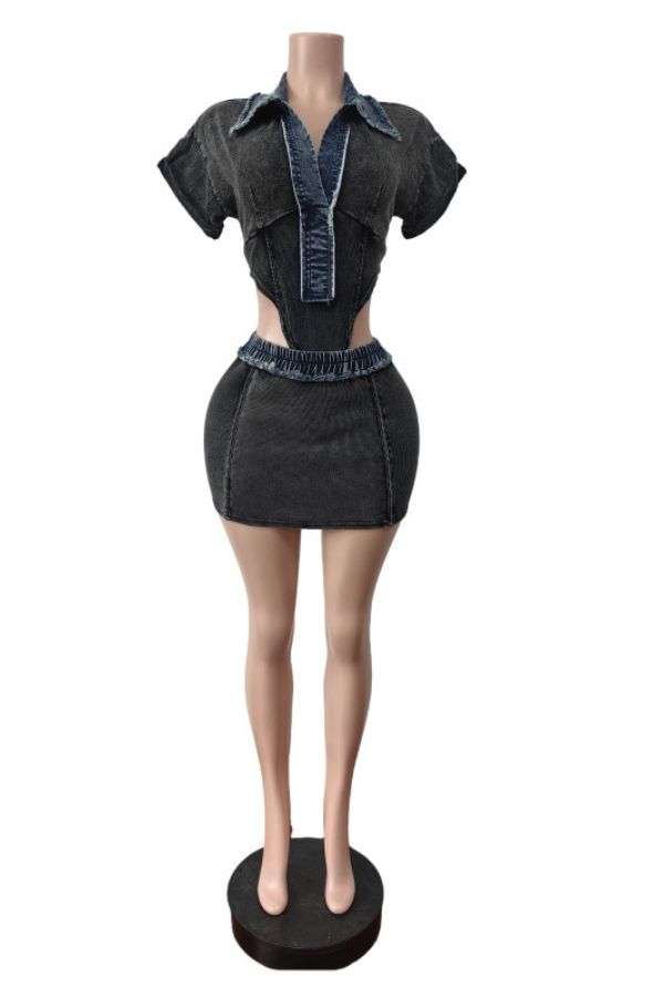 Stylish Crop Top and Mini Skirt Set - S, Black image