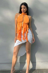 Ruffled Halter Top with Front Tie - S, Orange image