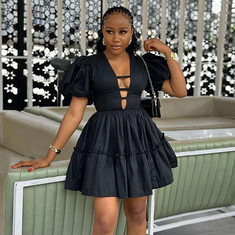 Puff Sleeve Tiered Mini Dress - L, Black image
