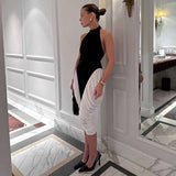 Monochrome Halter Neck Ruched Midi Dress - M, Black image