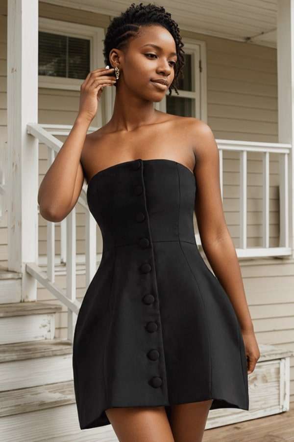 Elegant Buttoned Strapless Mini Dress - L, Black image