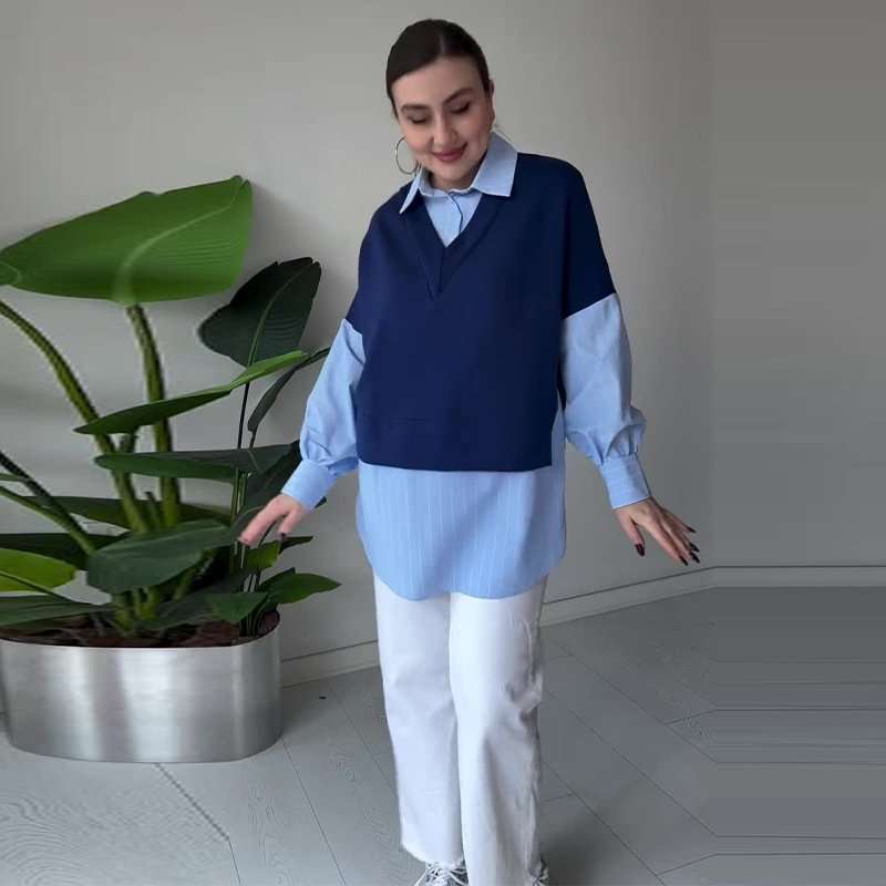 Basic Shirt Sweater Pullover - M, Deep Blue image