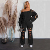 Front Ripped Cut Out Long Pants Top Sets Clubwear - XL, Black image