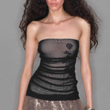 Ruched Strapless Top with Rose Shadow Design - L, Black image