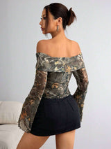 Off Shoulder Camo Long Bell Sleeve Crop Top image 2