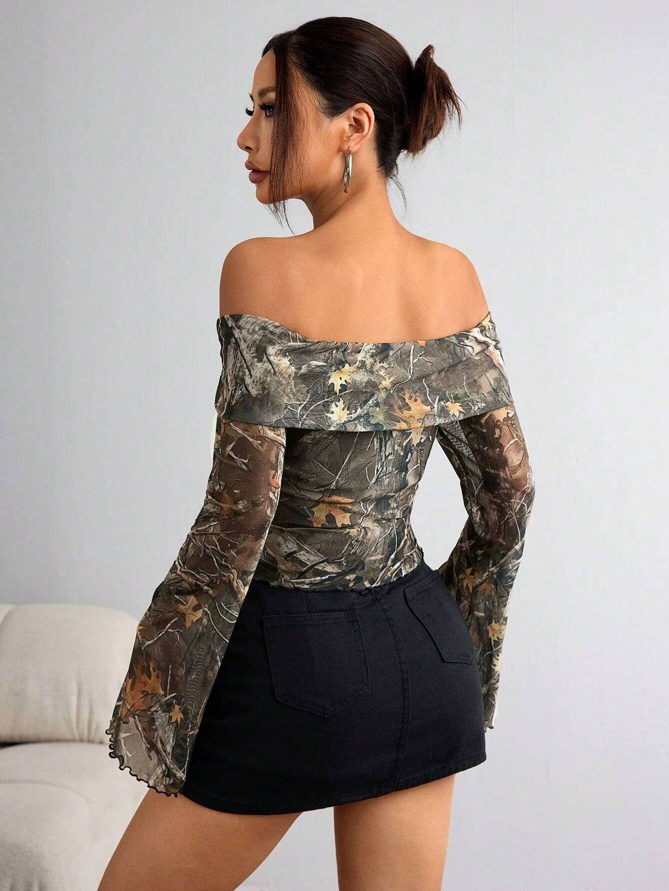 Off Shoulder Camo Long Bell Sleeve Crop Top image 2