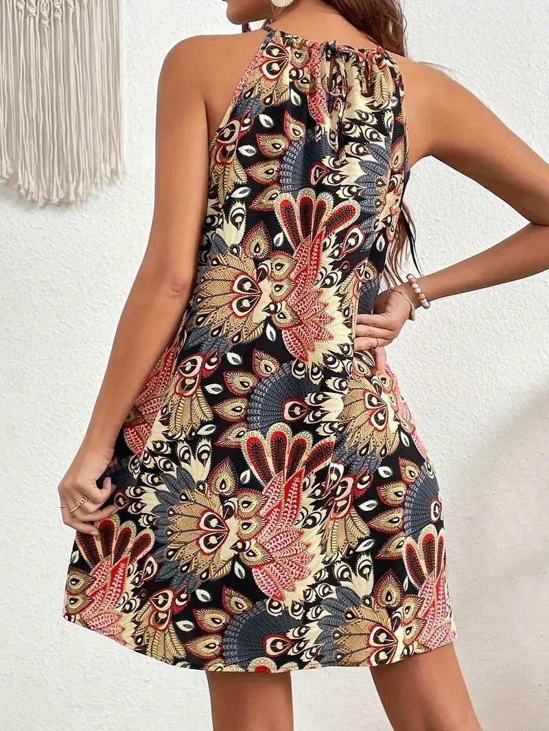Vibrant Peacock Pattern Halter Dress image 3