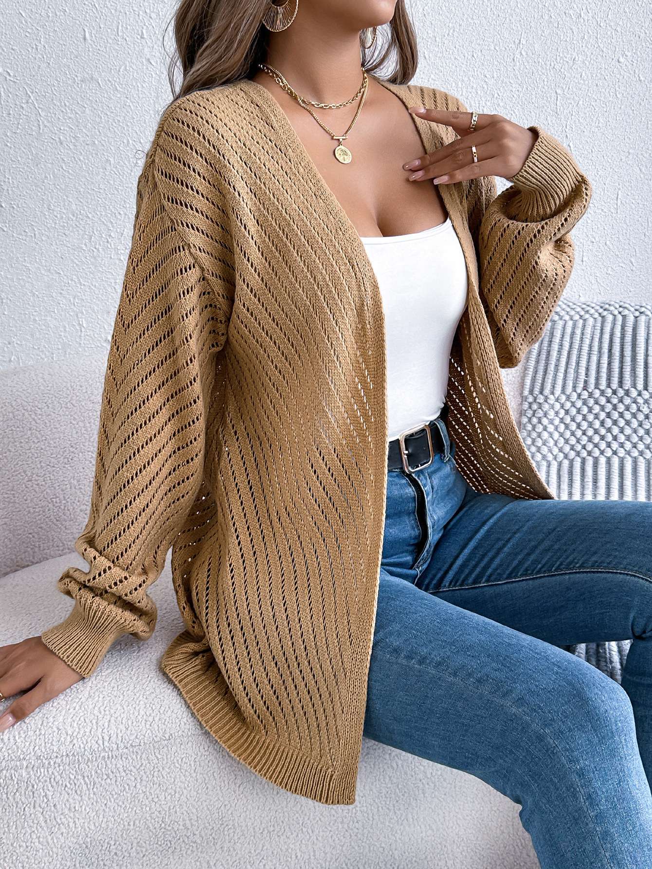 Long Sleeve Knit Cardigan - XL, Beige image