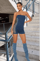 Frayed Edge Strapless Denim Romper image 1