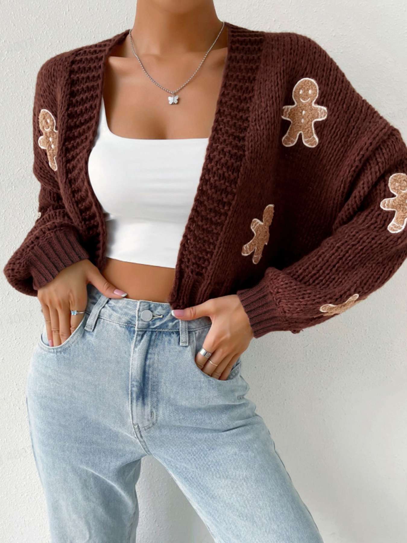 Gingerbread Embroidered Cardigan Jacket - L, Brown image