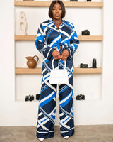 Geometric Luxe Wrap Jumpsuit - L, Blue image
