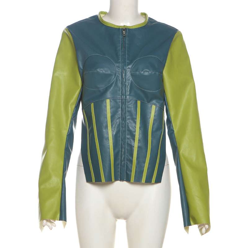 Contrast Color Zipper Cropped Jackets image 3