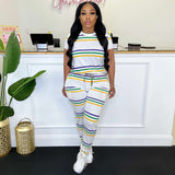 Short Sleeve Casual 2 Piece Striped Sets - M, Multi White image