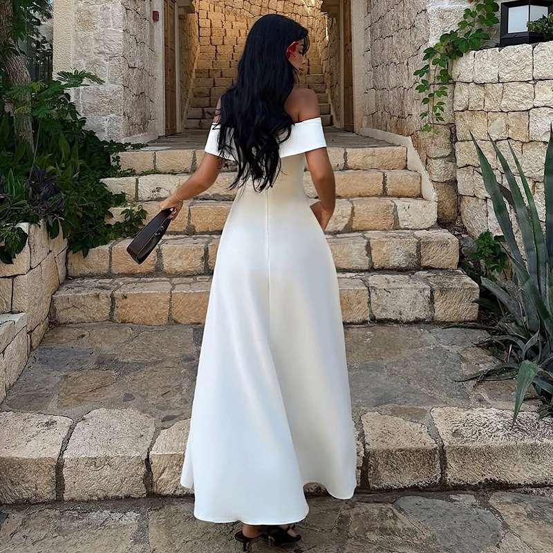 Off-Shoulder White A-Line Maxi Dress image 2
