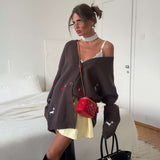 Embroidered Oversized Cardigan Jacket - S, Brown image