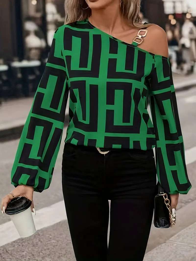 Off Shoulder Geometric Print Lon sleeve Top image 5