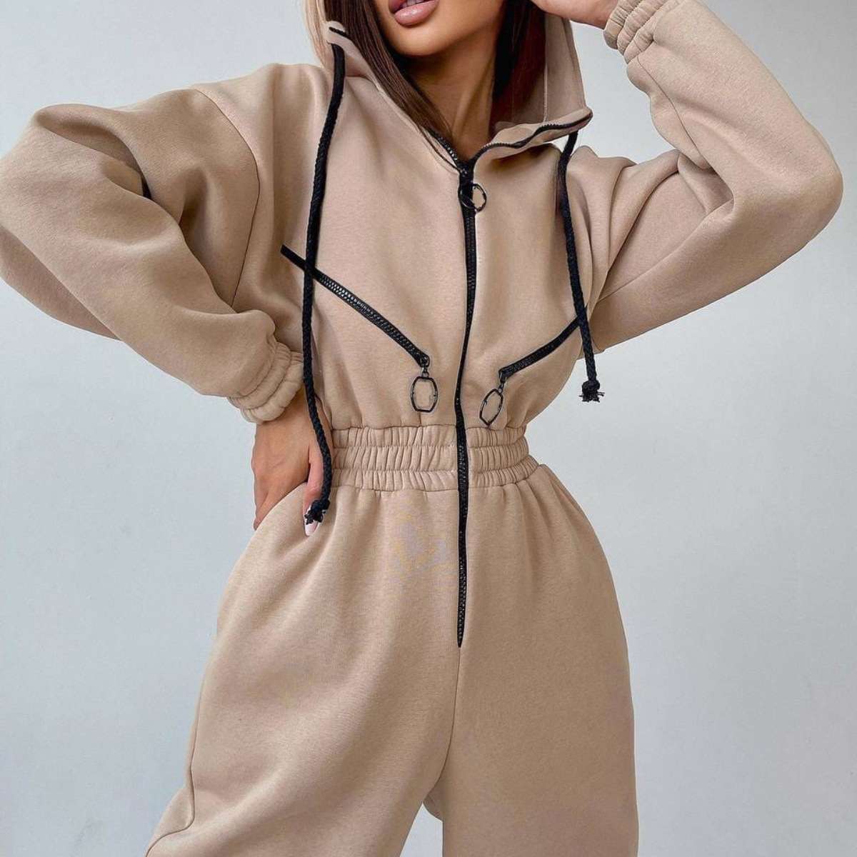 Zipper Jumpsuit Hoodies One Piece Outfit - XL, Hazelnut Beige image
