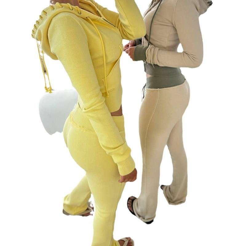 Contrast Patchwork Zipper Top Drawstring Pants Set - L, Yellow image