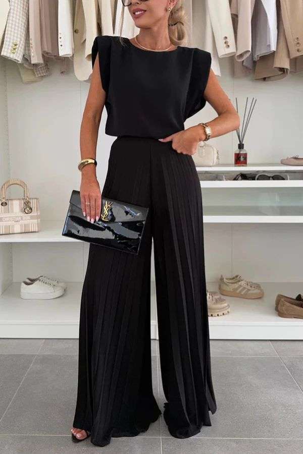 Top and Pleated Palazzo Pants Set - M, Black image