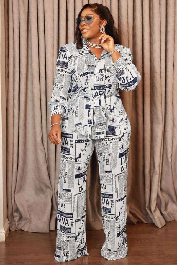 2 Pieces Newspaper Printed Tops & Pants Clubwear - S, Multi White image
