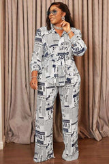 2 Pieces Newspaper Printed Tops & Pants Clubwear - S, Multi White image