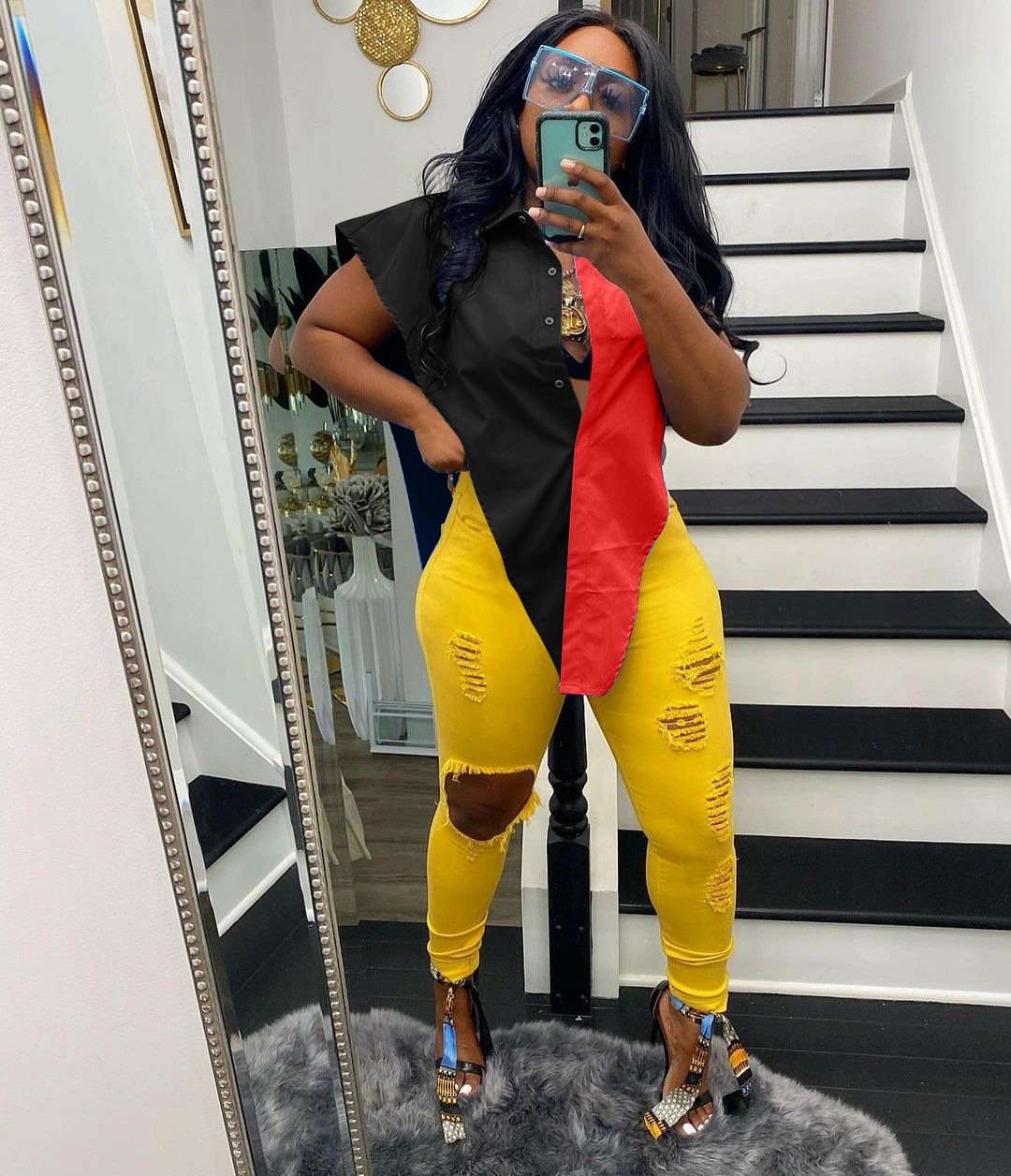 Asymmetrical Two-Tone Button-Up Shirt - L, Black image