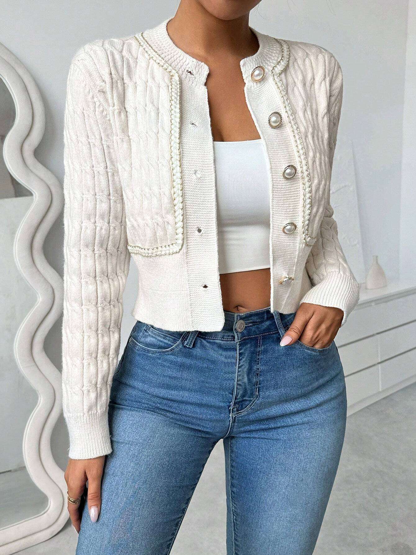 Cable Knit Cropped Cardigan Sweater - S, Off White image