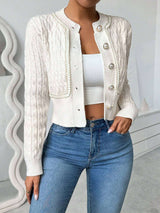 Cable Knit Cropped Cardigan Sweater - S, Off White image