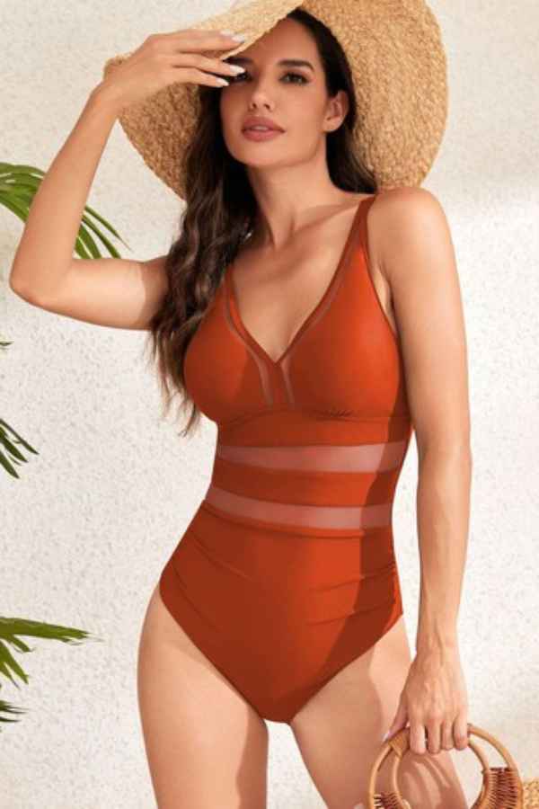 Sexy Mesh Patched V-Neck One Piece Swimsuit Bikini image 0