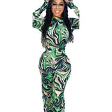 Marble Print Long Sleeve Jumpsuit - L, Green image