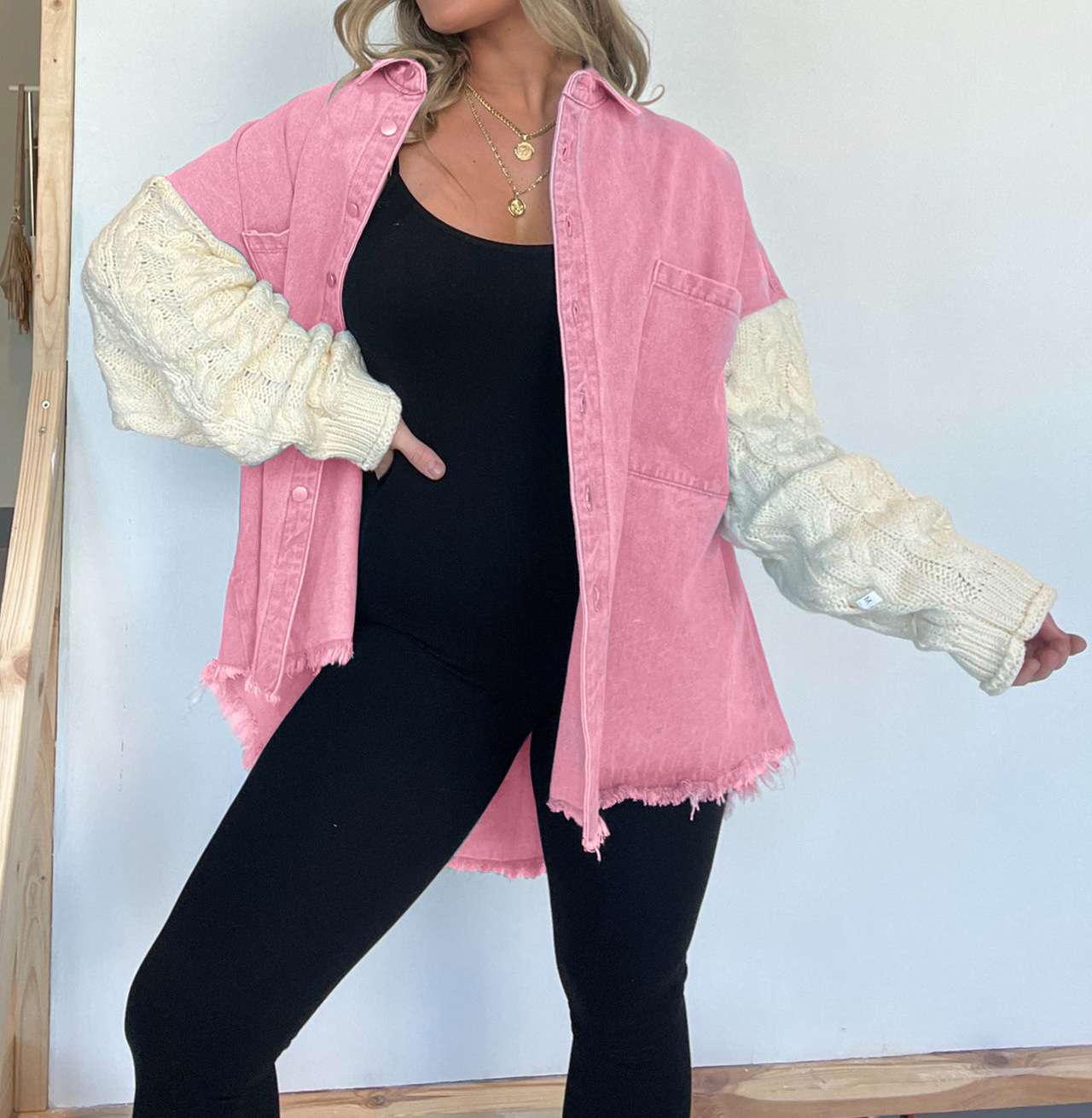 Casual Layered Sweater Jacket - S, Pink image