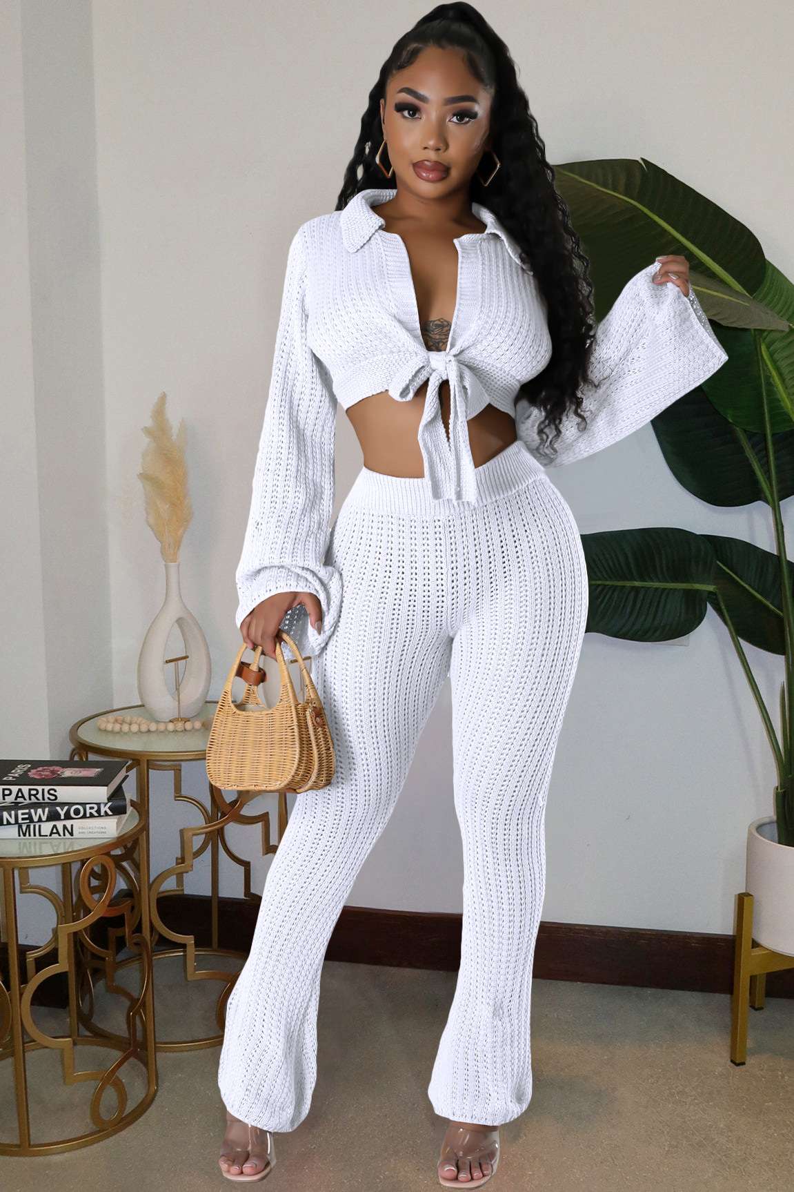 Cozy Chic Knit Top and Pants Set - M, White image