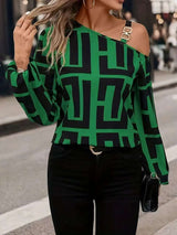Off Shoulder Geometric Print Lon sleeve Top image 4