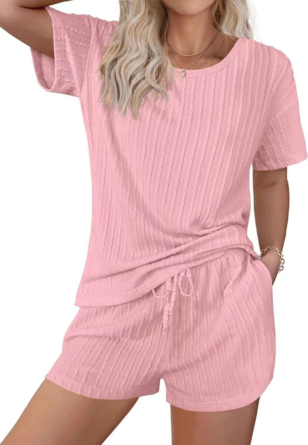 Textured Top & Drawstring Shorts Lounge Set - M, Pink image