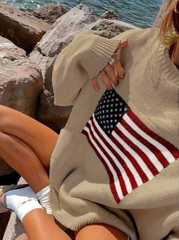 American Flag Sweater Sweater Long Sleeve  Pullover - L, Beige image